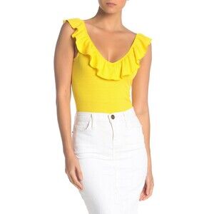 Socialite Ruffled Double V-Neck Sleeveless Bodysuit In Neon Yellow Size S